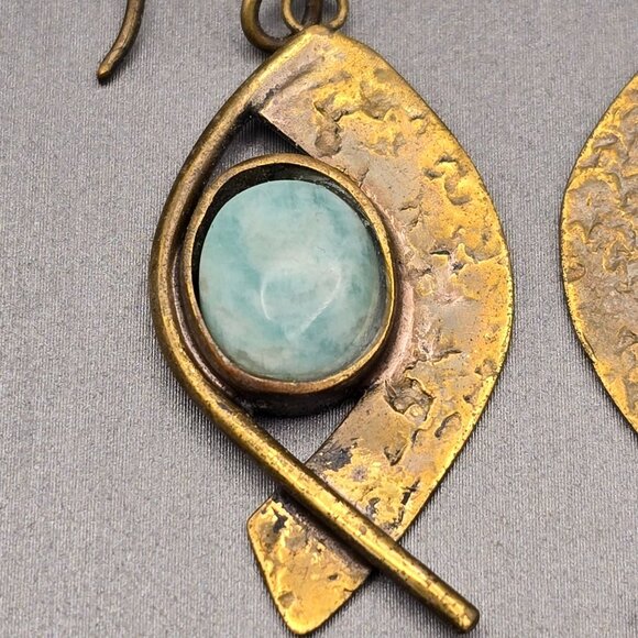 VTG Egyptian Revival Brass & Amazonite Dangle Earrings 2" Shepards Hook - Picture 2 of 8